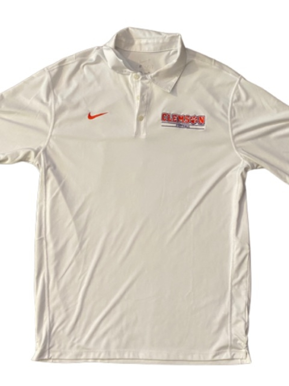 CLEMSON Football Nike White Polo with Orange Swoosh and Clemson Patch Size L